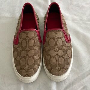 Coach Tan Signature Canvas Slip-On Sneakers with Pink Trim